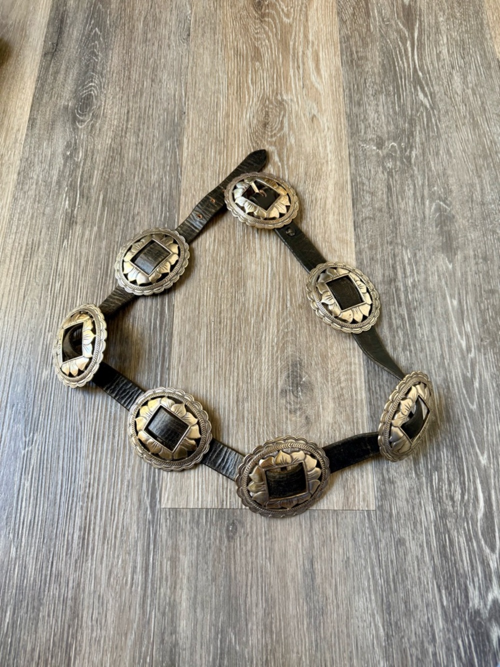 Vintage 90s Western Silver-Tone Concho Belt on Black Leather